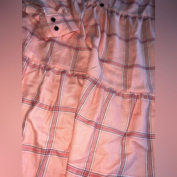 LOFT Peach Tiered Plaid Preppy Shirt Dress with long sleeves Size Medium NWOT - Picture 3 of 7